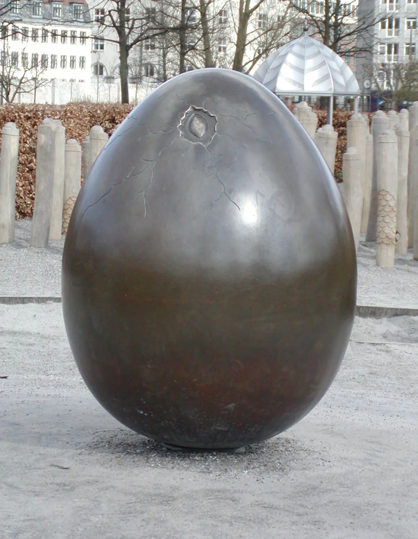 Photo of a dragon's egg, just hatching, in a Copenhagen, Denmark, playground