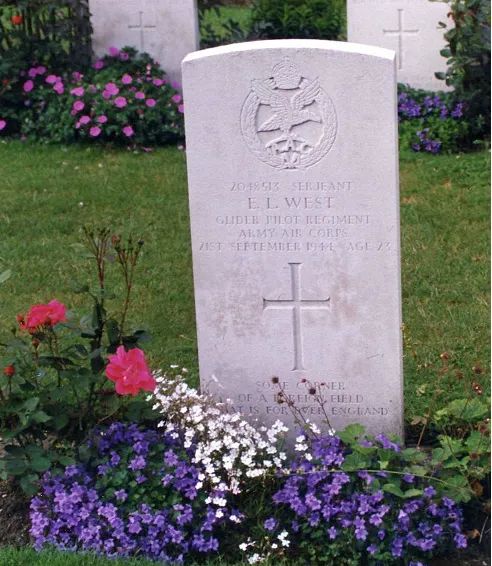 Photo of Sergeant E. L. West's grave marker, in the Airborne Cemetery, Oosterbeek, The Netherlands