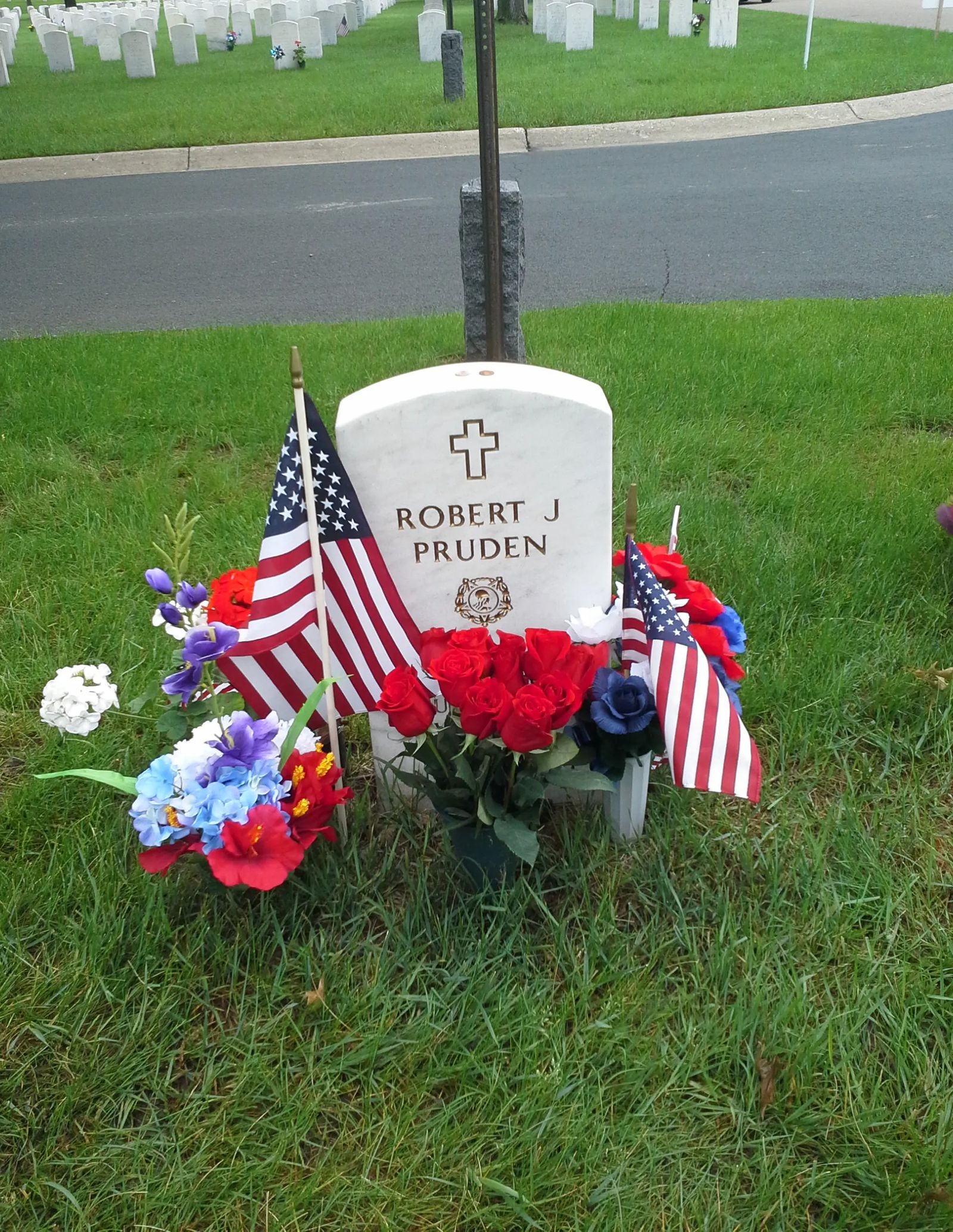Photo of the grave marker for U.S. Army Ranger Staff Sergeant Robert J Pruden of St. Paul, Minnesota, posthumously awarded the Congressional Medal of Honor for conspicuous gallantry and intrepidity above and beyond the call of duty during the Vietnam War, in Fort Snelling National Cemetery.