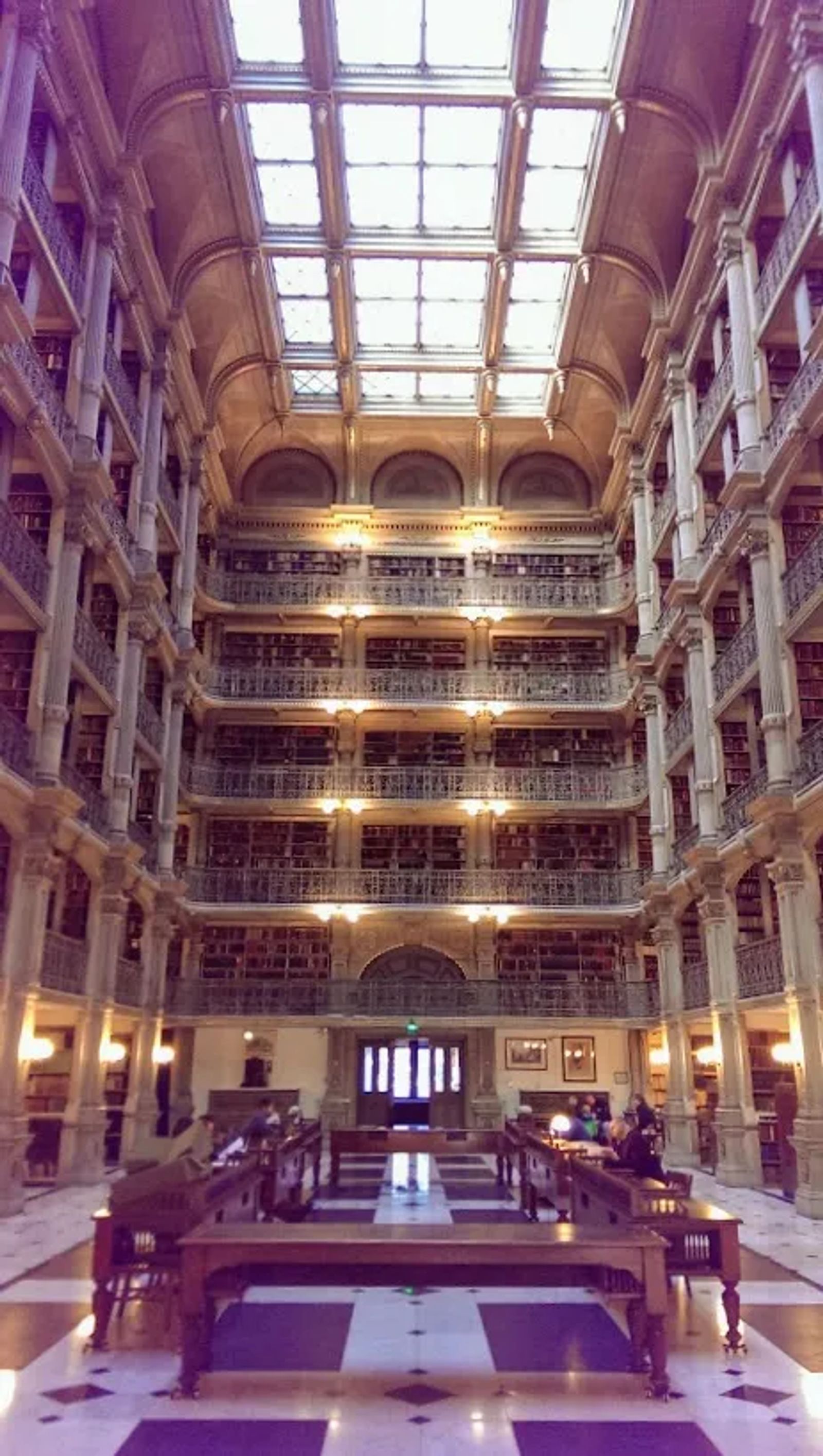 Photo of the George Peabody Library reading room in Baltimore, Maryland