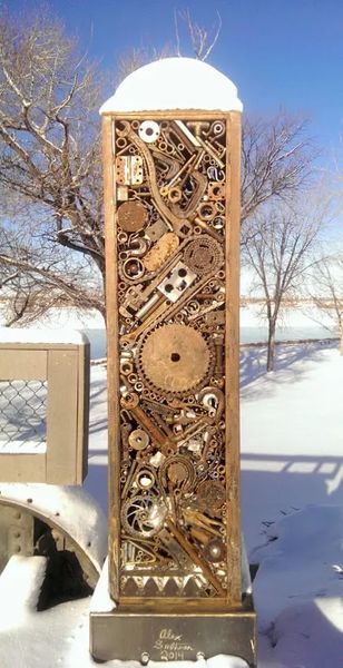 Photo of The metal art pillars on the east side of Weissman Memorial Bridge in Great Falls, Montana