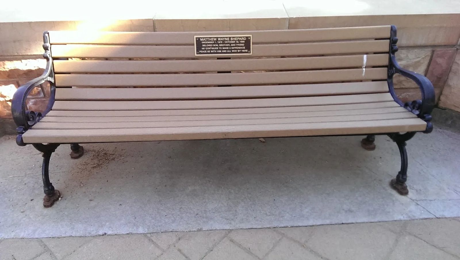 Photo of Matthew Shepard Memorial Bench on the University of Wyoming Campus, Laramie, Wyoming