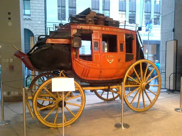 Photo of a stage coach in the Wells Fargo bank lobby, San Francisco, California
