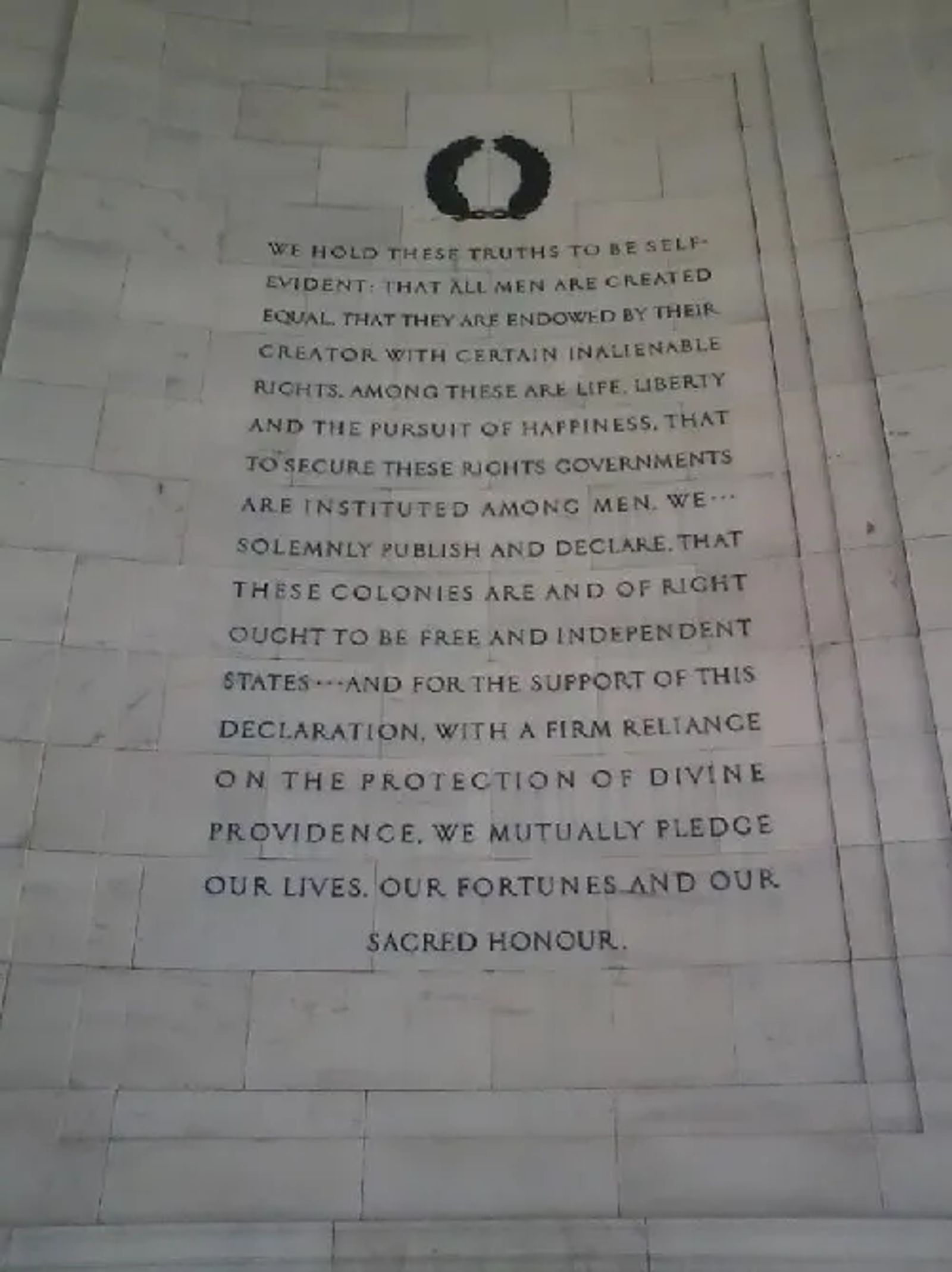 Photo showing excerpts from the Declaration of Independence that are carved into the wall of the Jefferson Memorial in Washington, DC