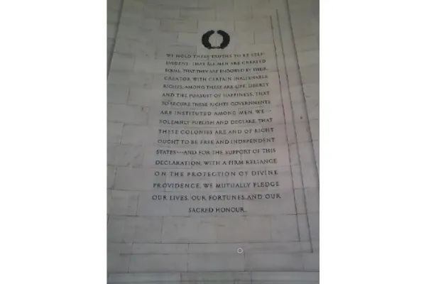 Photo showing excerpts from the Declaration of Independence that are carved into the wall of the Jefferson Memorial in Washington, DC