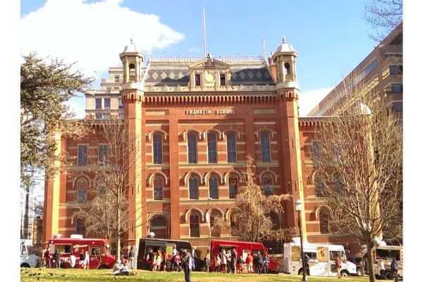 Photo of The Franklin School, from which Alexander Graham Bell made the first wireless phone call, in Washington, DC