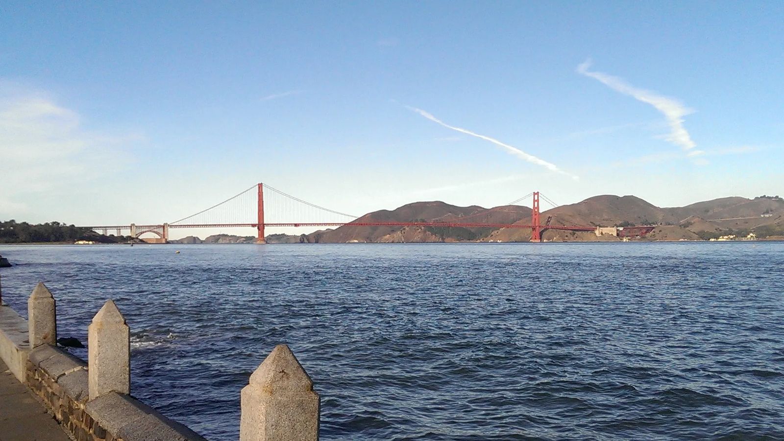 Photo of the Golden Gate Bridge from the Wave Organ in San Francisco, California