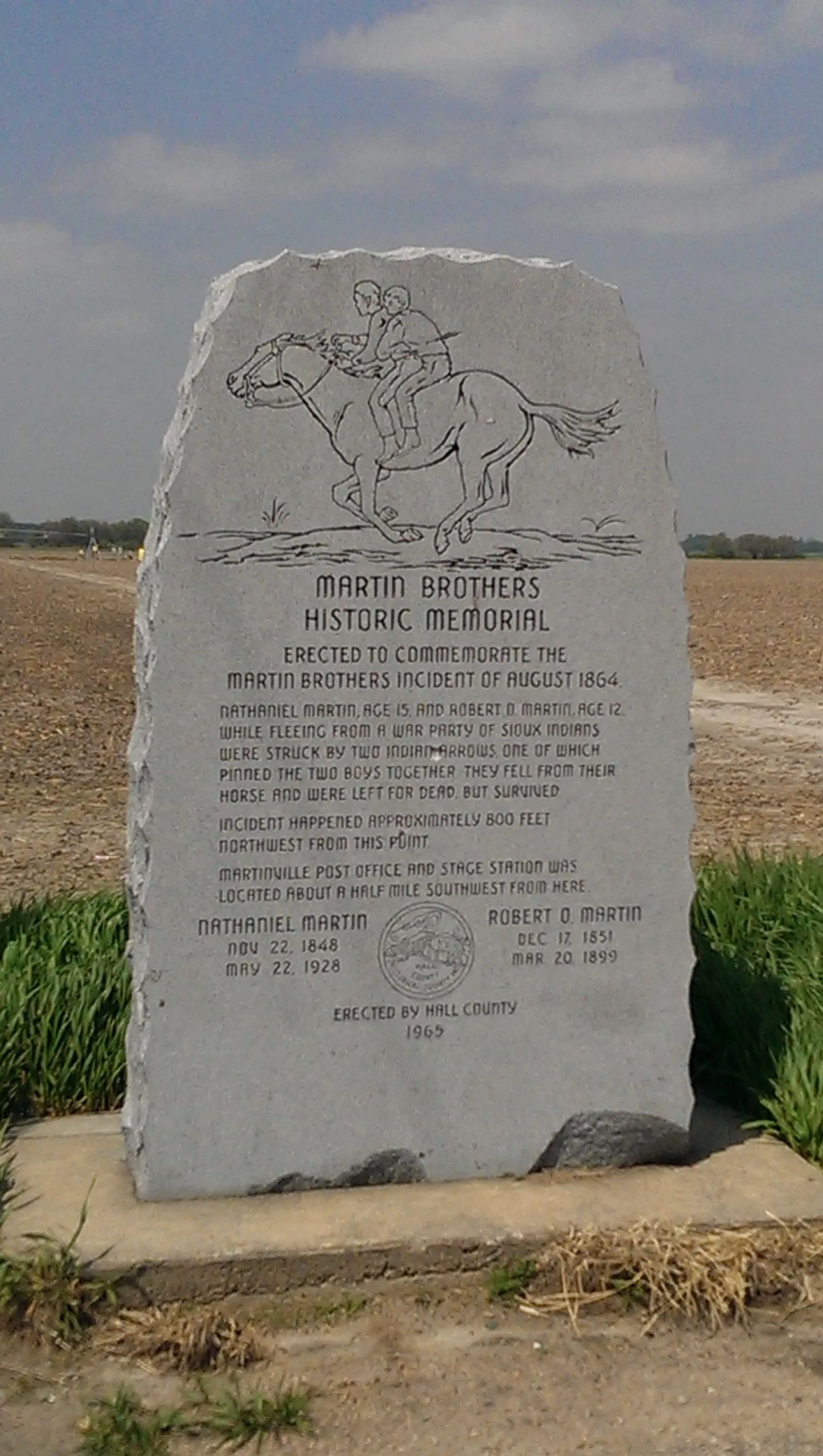 A marker near the location of the Martin Brothers "Incident" near Hastings, Nebraska