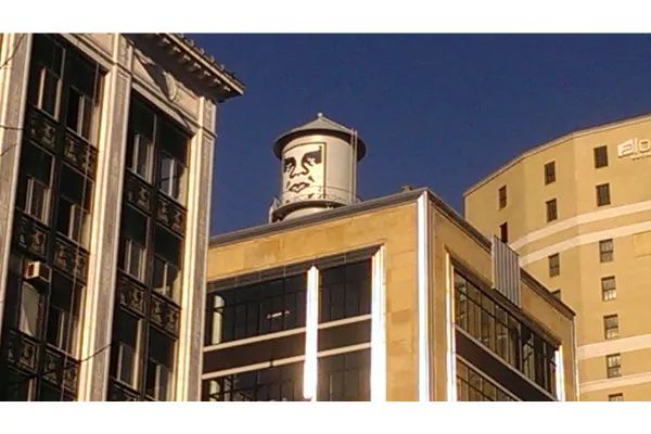 A photo of rooftop public art in Detroit, Michigan